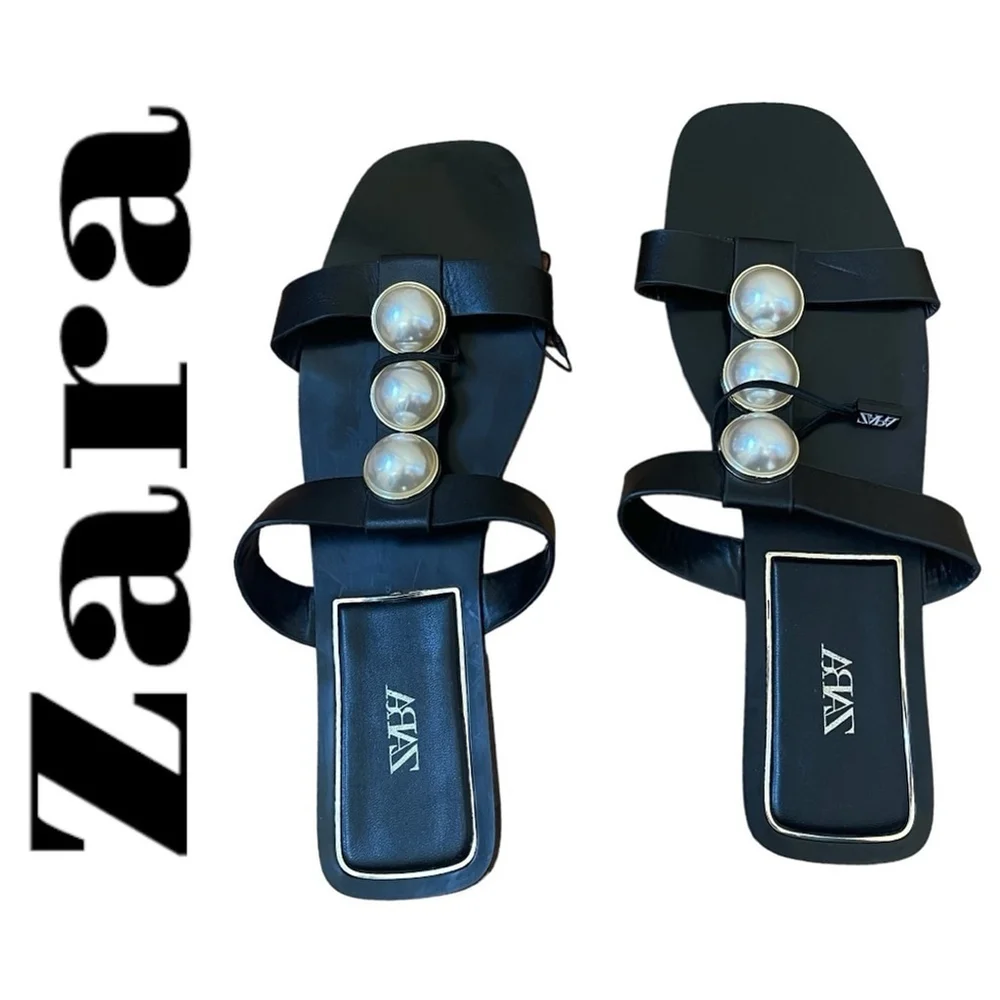 Zara Pearl Flat Sandals Black leather white pearls golden hardware SZ EU 41 - Picture 2 of 15
